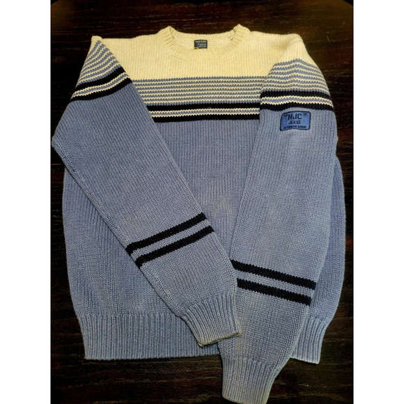 Vintage 90s Nautica Jeans Striped Oatmeal Blue Patch Knit Men's XL Sweater - Picture 1 of 4